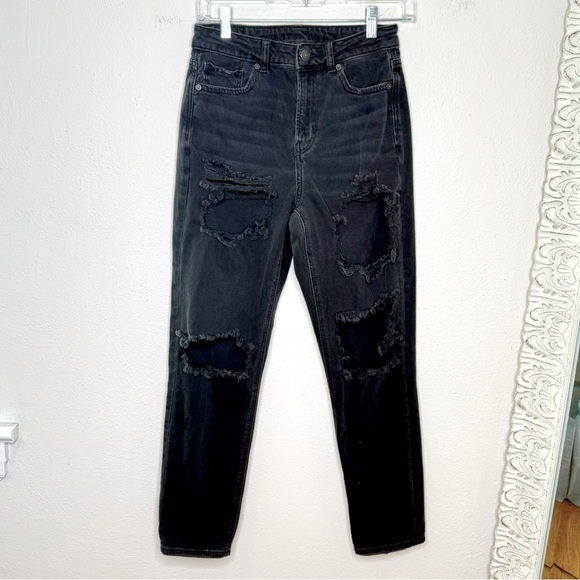 AEO Mom Jeans Black Distressed Ripped Size 2​ - Picture 1 of 6